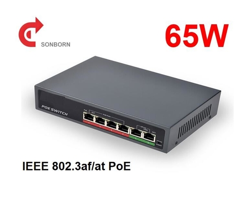 DC52V 30W por puerto 65W 6 puertos PoE Switch no administrado (4 puertos POE Switch con 2 puertos de enlace ascendente y extender 250m